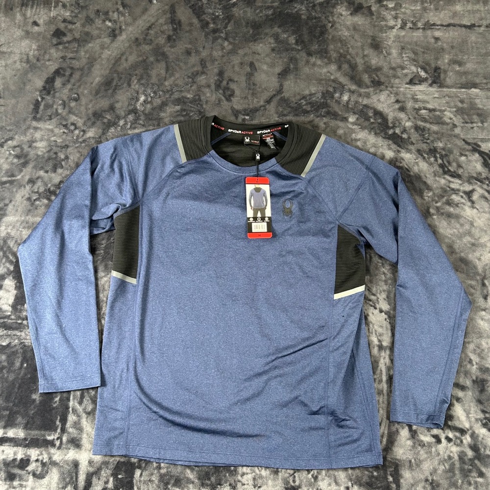 Spyder Active Performance Shirt Mens Medium Blue Long Sleeve Reflective Moisture